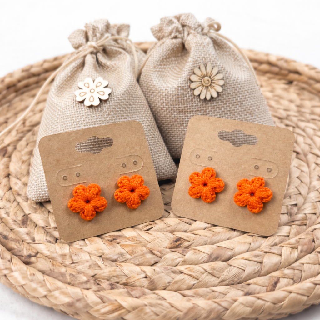 Dark Orange Crochet Flower Earrings